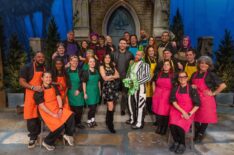 Host Jonathan Bennett with judges Shinmin Li and Andrew Fuller with competitors as seen on Halloween Wars, Season 16.