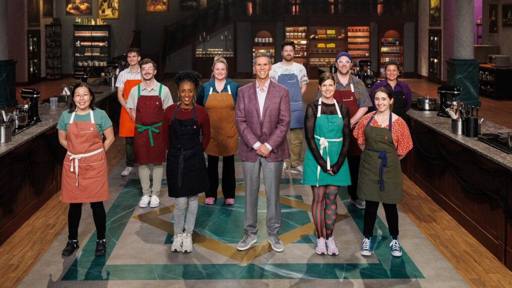 Host John Henson, Contestants Ciarra Roberts, Caleb King, Katie Shegda, Kyle Caulkins, Lisa Pak, Justin Giordano, Baindu Squire, Kyle Olsen, Marian Mulero, and Elizabeth Suwanski, portrait, as seen on Halloween Baking Championship, Season 12.
