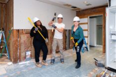 Contestants Keshia Knight Pulliam, Matthew Lawrence, and Melissa Joan Hart pose in the kitchen, as seen on Totally 90’s House, Season 1, HGTV, 2026.