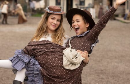 Little House on the Prairie. (L to R) Skywalker Hughes as Mary Ingalls, Alice Halsey as Laura Ingalls behind the scenes of episode 207 of Little House on the Prairie. Cr. Eric Zachanowich/Netflix © 2026