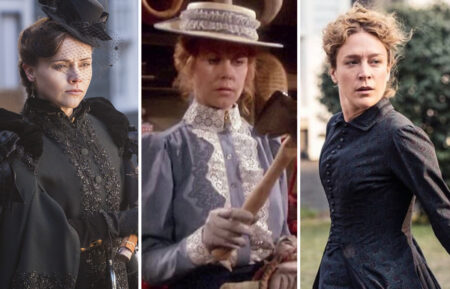 LIZZIE BORDEN TOOK AN AXE, Christina Ricci, (airs Jan. 25, 2014), 2014. photo: Chris Reardon / © Lifetime Television / courtesy Everett Collection; THE LEGEND OF LIZZIE BORDEN, Elizabeth Montgomery, 1975; Kristen Stewart and Chloë Sevigny in LIZZIE. Courtesy of Saban Films and Roadside Attractions