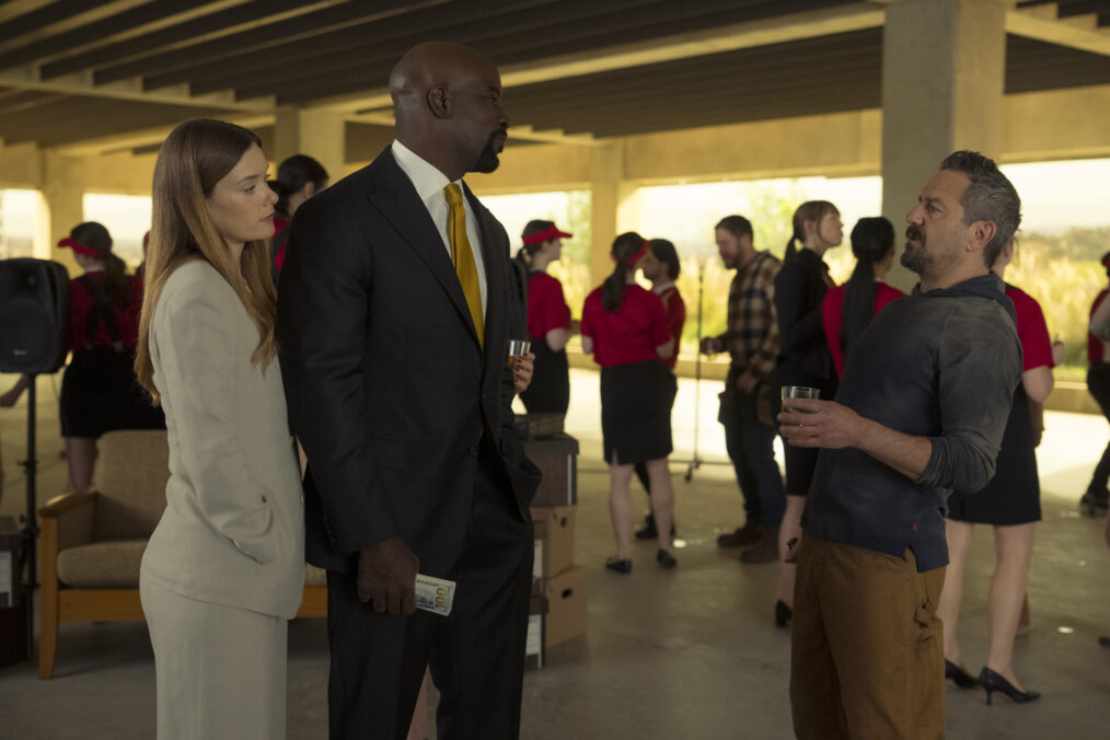 "Michael and Olivia" -- Coverage of the CBS Original Series CUPERTINO, scheduled to air on the CBS Television Network. Pictured (L-R): Rachel Keller as Olivia Siffre, Mike Colter as Michael Price and Max Casella as Uncle Chuck. Photo: Elizabeth Fisher/CBS ©2026 CBS Broadcasting, Inc. All Rights Reserved.