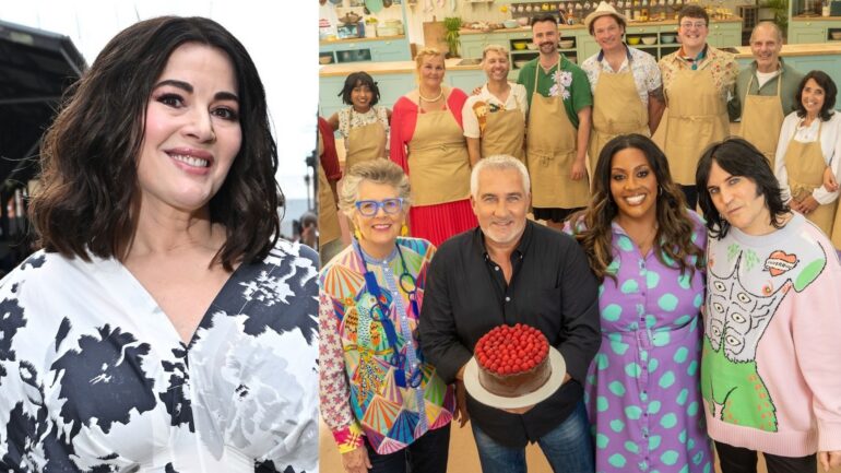 Nigella Lawson attends Australian Fashion Week 2025 on May 13, 2025 in Sydney, Australia; Prue Leith, Paul Hollywood, Alison Hammond, and Noel Fielding on Season 12 (U.S., Season 15 in U.K.) of Netflix's 'The Great British Baking Show.'