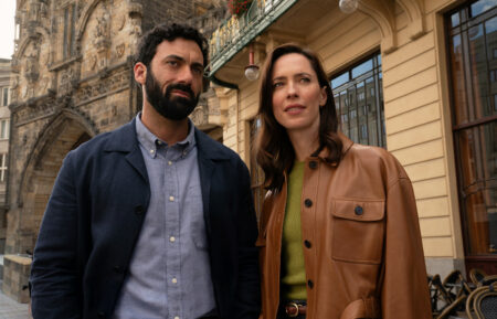 LANGDON. (L to R) Morgan Spector as Robert Langdon and Rebecca Hall as Katherine Solomon behind the scenes of Langdon episode 102. Cr. Larry Horricks/Netflix© 2026