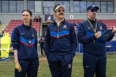 Tanya Reynolds, Jason Sudeikis and Brendan Hunt, 'Ted Lasso,' Season 4, Episode 3, Apple TV, premieres August 19, 2026.