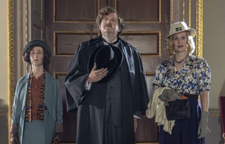 The Detection Club: Bryony Hannah (Agatha Christie), Miles Jupp (G.K. Chesterton), Cara Theobold (Dorothy L. Sayers) - The Detection Club Copyright: Courtesy of BritBox Photo: Jonathan Ford