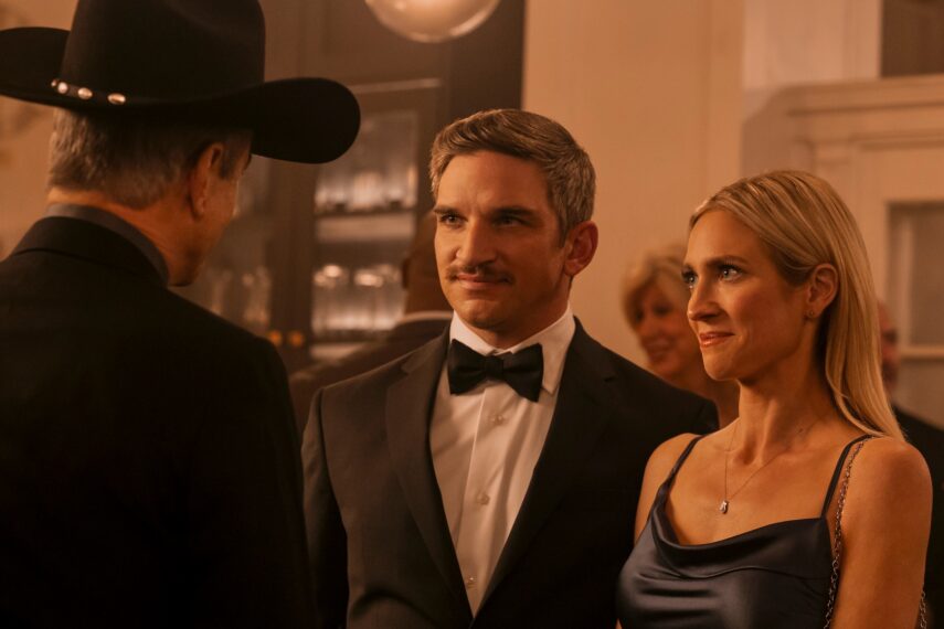 The Hunting Wives. (L to R) Dermot Mulroney as Jed, Evan Jonigkeit as Graham, Brittany Snow as Sophie in episode 202 of The Hunting Wives. Cr. Dana Hawley/Netflix © 2026