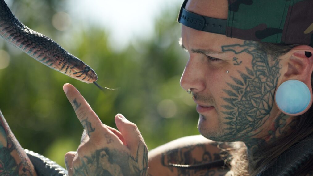 Reptile Collector Tyler Nolen with Indigo Snake, 'Monsters of God,' HBO, premieres August 6, 2026.