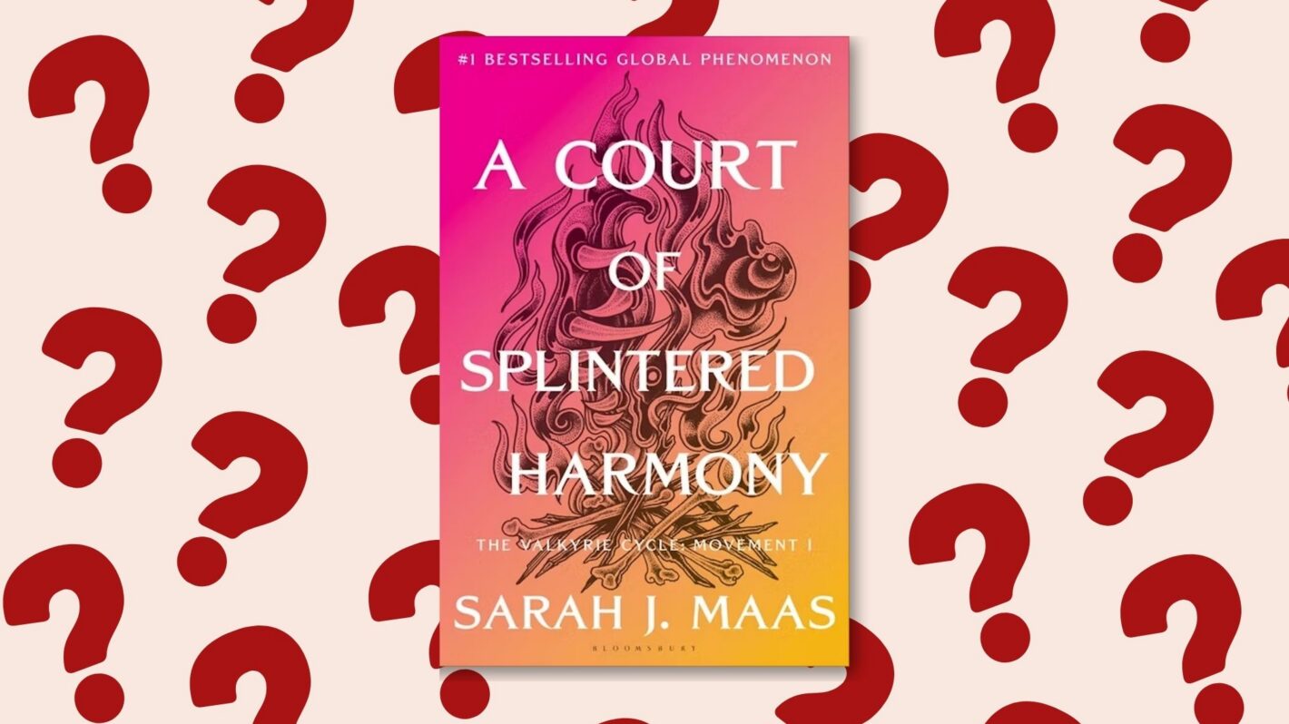 'ACOTAR' 6 cover on top of a background with red question marks