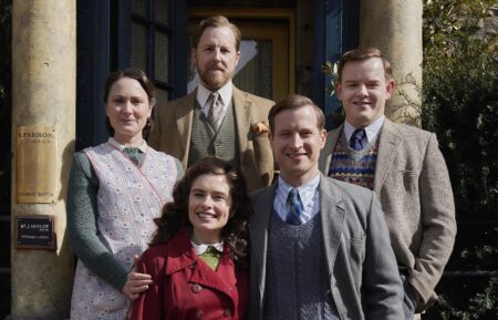 James Herriot (Nicholas Ralph), Helen Herriot (Rachel Shenton), Mrs. Hall (Anna Madeley), Siegfried Farnon (Samuel West), Tristan Farnon (Callum Woodhouse) in 'All Creatures Great and Small' Season 7