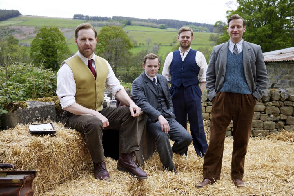 Shown L-R: Siegfried Farnon (Samuel West), Tristan Farnon (Callum Woodhouse), Granville Bennett (Caolan McCarthy), James Herriot (Nicholas Ralph) in 'All Creatures Great and Small' Season 7