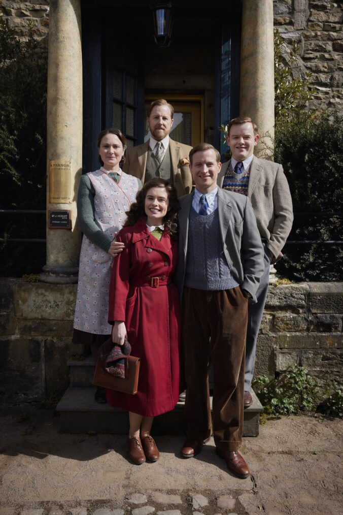 James Herriot (Nicholas Ralph), Helen Herriot (Rachel Shenton), Mrs. Hall (Anna Madeley), Siegfried Farnon (Samuel West), Tristan Farnon (Callum Woodhouse) in 'All Creatures Great and Small' Season 7