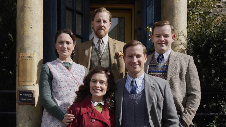 James Herriot (Nicholas Ralph), Helen Herriot (Rachel Shenton), Mrs. Hall (Anna Madeley), Siegfried Farnon (Samuel West), Tristan Farnon (Callum Woodhouse) in 'All Creatures Great and Small' Season 7