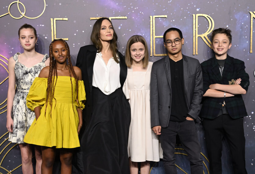 Shiloh Jolie-Pitt, Zahara Jolie-Pitt, Angelina Jolie, Vivienne Jolie-Pitt, Maddox Jolie-Pitt and Knox Jolie-Pitt attend the "The Eternals" UK Premiere at BFI IMAX Waterloo on October 27, 2021 in London