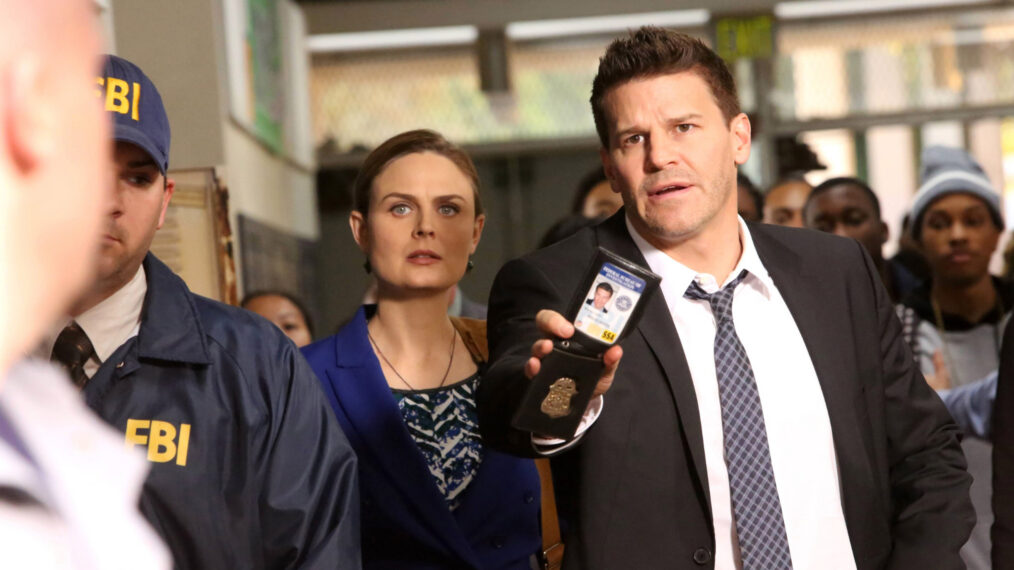 Emily Deschanel as Temperance “Bones” Brennan and David Boreanaz as Seeley Booth in ‘Bones’
