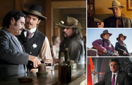 Ian McShane as Al Swearengen and Timothy Olyphant as Seth Bullock in ‘Deadwood,’ Timothy Olyphant as Raylan Givens in ‘Justified,’ Merritt Wever as Mary Agnes and Michelle Dockery as Alice Fletcher in ‘Godless,’ and Ian McShane as King Silas Benjamin in ‘Kings’