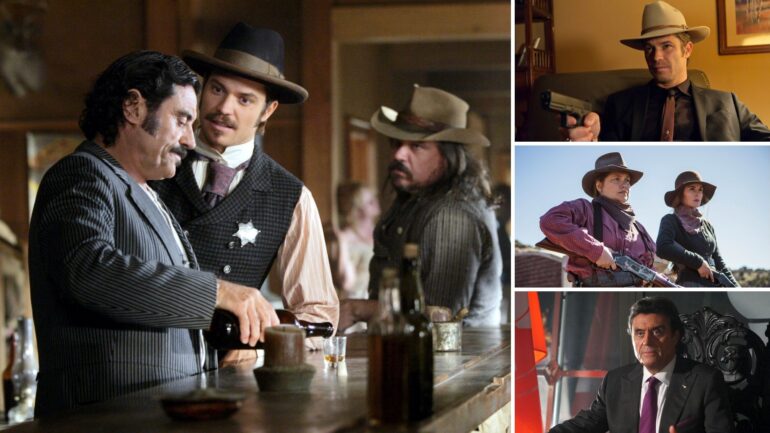 Ian McShane as Al Swearengen and Timothy Olyphant as Seth Bullock in ‘Deadwood,’ Timothy Olyphant as Raylan Givens in ‘Justified,’ Merritt Wever as Mary Agnes and Michelle Dockery as Alice Fletcher in ‘Godless,’ and Ian McShane as King Silas Benjamin in ‘Kings’