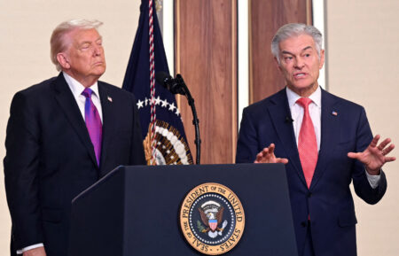 President Donald Trump listens to the Administrator for the Centers for Medicare & Medicaid Services Mehmet Oz as they discuss the TrumpRx website in the South Court Auditorium of the White House in Washington, D.C., on February 5, 2026