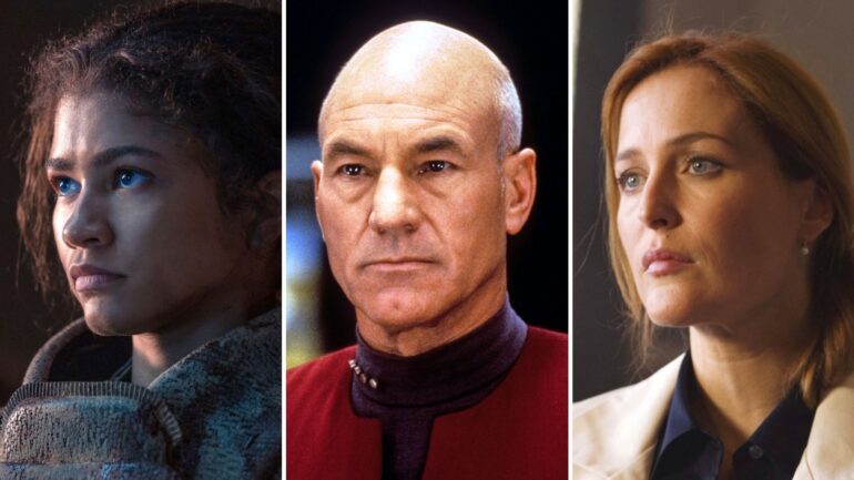 Zendaya as Patrick Stewart as Jean-Luc Picard in ‘Star Trek: Generations,’ Zendaya as Chani in ‘Dune: Part Two,’ and Gillian Anderson as Dana Scully in ‘The X-Files: I Want to Believe’