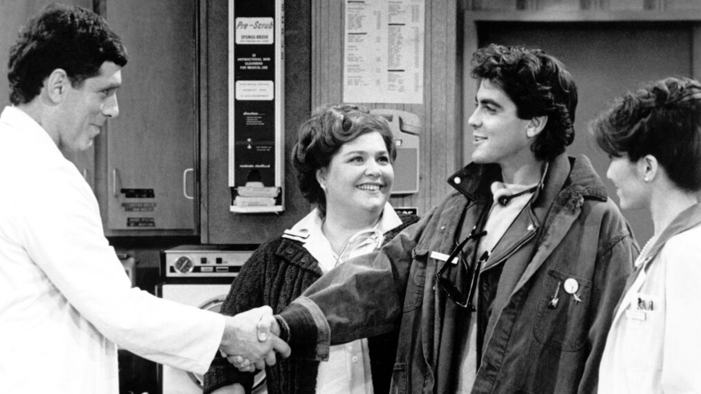 Elliott Gould as Dr. Howard Sheinfeld, Conchata Ferrell as Nurse Joan Thor, and George Clooney as Ace in ‘E/R’