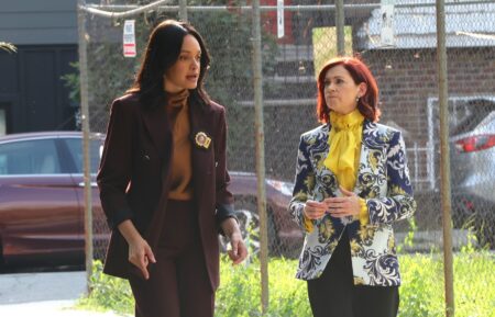 Britne Oldford and Carrie Preston are seen at the "Elsbeth" set in Brooklyn on August 14, 2026 in New York City.