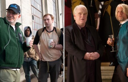 Francis Lawrence and Cooper Hoffman on set of 'The Long Walk'; Philip Seymour Hoffman as Plutarch Heavensbee and Woody Harrelson as Haymitch Abernathy in 'The Hunger Games: Catching Fire'