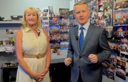 "Jeopardy!" host Ken Jennings and game board operator Michele Lee Hampton in a new Instagram video