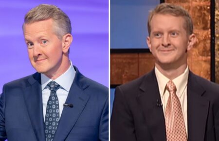 (left) Ken Jennings in "Jeopardy! Masters" preview, (right) Jennings in 2004, answering "What is a hoe?"