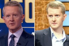 (left) Ken Jennings on 'Jeopardy!' stage taking a fan question in 2026, (right) Jennings during his 2004 streak