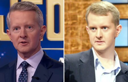(left) Ken Jennings on "Jeopardy!" stage taking a fan question in 2026, (right) Jennings during his 2004 streak