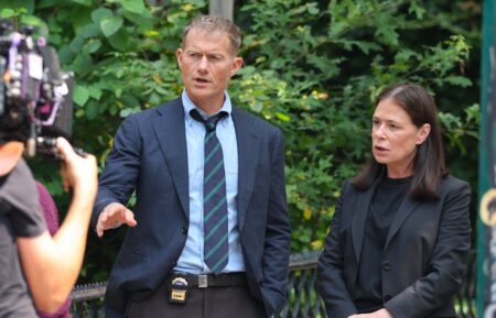 James Badge Dale and Maura Tierney are seen on the set of "Law and Order" in Brooklyn on August 12, 2026 in New York City