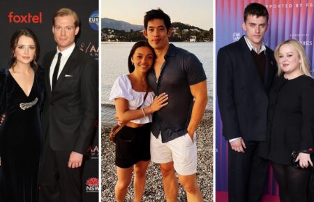 Philippa Northeast and Sam Reid attend the 2019 AACTA Awards Presented by Foxtel at The Star on December 04, 2019 in Sydney, Australia; Christopher Chung and wife Frances Mayli McCann; Jake Dunn and Nicola Coughlan attend the BAFTA Television and Television Craft Nominees' Party supported by P&O Cruises at The V&A on April 24, 2025 in London, England