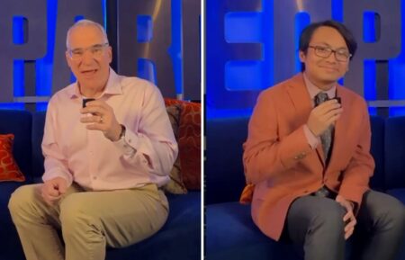 "Jeopardy!" social media host Sam Buttrey interviewing "Masters" contestants, Paolo Pasco (right)