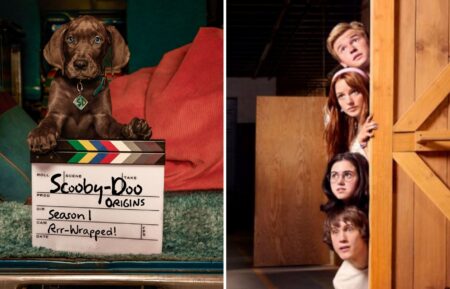 (left) the great dance dog that play Scooby-Doo on "Scooby-Doo: Origins, (right) Mystery Inc.