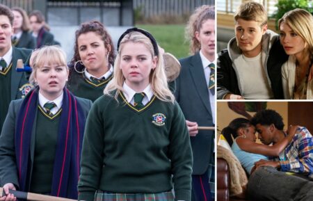 Leah O'Rourke as Jenny Joyce, Dylan Llewellyn as James, Nicola Coughlan as Clare, Jamie-Lee O’Donnell as Michelle, Saoirse-Monica Jackson as Erin, and Louisa Harland as Orla in 'Derry Girls,' Ben McKenzie and Mischa Barton in 'The O.C.' and Lovie Simone and Michael Cooper Jr. in 'Forever'