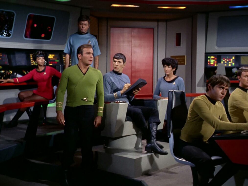Nichelle Nichols as Uhura, DeForest Kelley as Dr. Bones McCoy,William Shatner as Captain James T. Kirk, Leonard Nimoy as Mr. Spock in 'Star Trek' Season 2