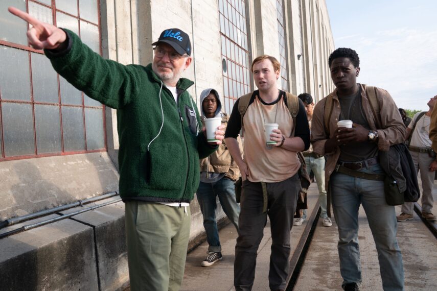 Director Francis Lawrence (L) and actors Cooper Hoffman (M) and David Jonsson (R) on the set of the movie, 'The Long Walk', Winnipeg, Manitoba, Canada, 2024.