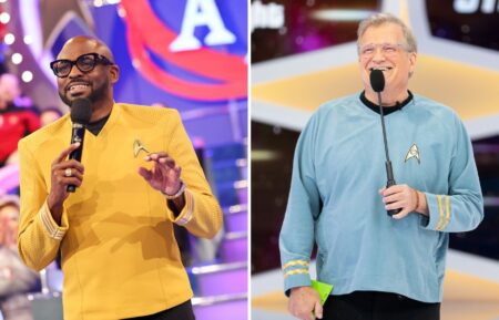 (left) "Let's Make a Deal" host Wayne Brady in "Star Trek" clothes, (right) "The Price Is Right" host Drew Carey in "Stark Trek" clothes for September 8 episodes