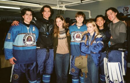 Callum Orchison as Derek Marchbanks, Costa D'Angelo as Owen Boone, Michelle Monaghan as Harper Sullivan, Shai Chase as Henry Sullivan, Émilie Bierre as Riley Sullivan, Ethan Holder as Cooper Cunningham and Carter Shimp as Austin Ryder on the set of The Sticks