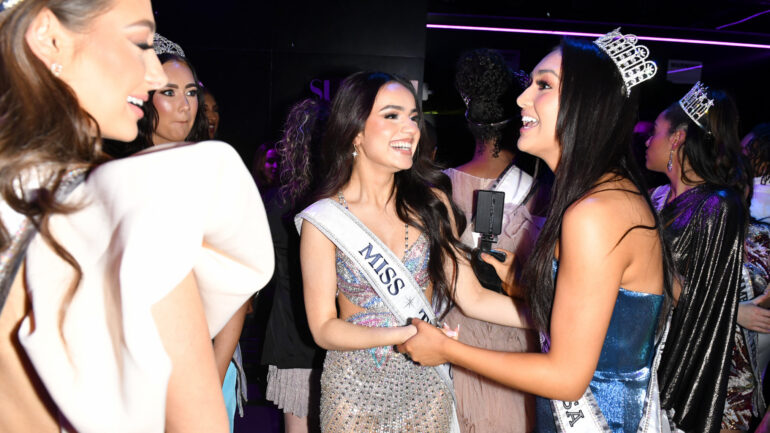 Miss Teen USA 2023 UmaSofia Srivastava and 2023 Miss Florida Teen USA Sharlysse Nelson attend Supermodels Unlimited Magazine Presents: Billboards Over Broadway - NYFW Celebrity Event at Nebula Nightclub on February 10, 2024 in New York City