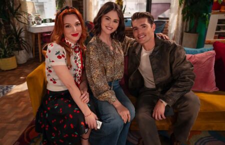 (from left) Jennifer Stone, Selena Gomez, and Gregg Sulkin on the set of "Wizards Beyond Waverly Place" Season 3