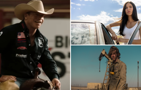Taylor Sheridan as Travis Wheatley in 'Yellowstone,' Kelsey Asbille as Monica Dutton in 'Yellowstone,' and Jacob Lofland as in Cooper Norris 'Landman'