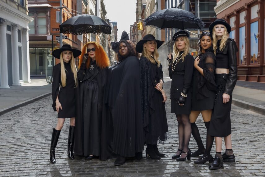 FX's "American Horror Story 13" -- Pictured: (l-r) Emma Roberts as Madison Montgomery, Frances Conroy as Myrtle Snow, Gabourey Sidibe as Queenie, Sarah Paulson as Cordelia Goode, Leslie Grossman as Coco St. Pierre Vanderbilt, Aventika as Ophelia, Alex Consani as Morwenna. CR: Eric Liebowitz/FX