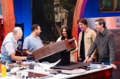 Hosts James and Oliver Phelps and guest judge Afshan Azad with contestants Stefan Rose and Andy Ortega, 'Harry Potter: Wizards of Baking,' Season 2, Episode 4, Food Network, 2025.