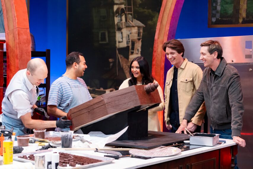 Hosts James and Oliver Phelps and guest judge Afshan Azad with contestants Stefan Rose and Andy Ortega, 'Harry Potter: Wizards of Baking,' Season 2, Episode 4, Food Network, 2025.