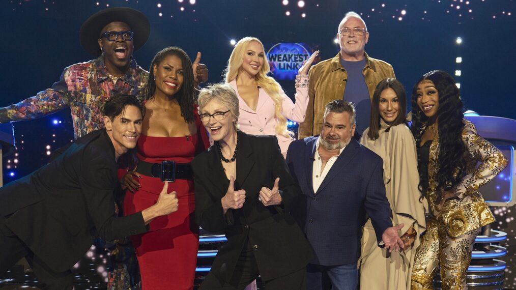 Host Jane Lynch with Contestants (L-R:): Tom Sandoval, Bob The Drag Queen, Omarosa, Christine Quinn, Richard Hatch, Big Ed, Monica Garcia and Tiffany Pollard, 'Celebrity Weakest Link,' Season 2, Episode 1, Fox, premieres September 21, 2026.