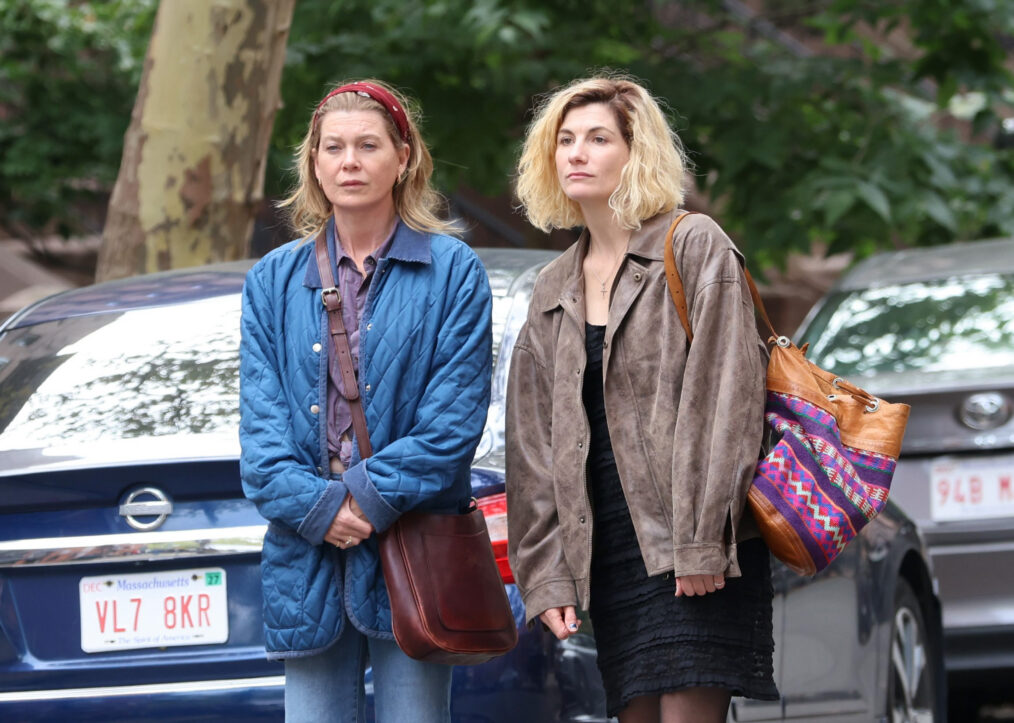 NEW YORK, NY - SEPTEMBER 22: Ellen Pompeo and Jodie Whittaker are seen on the set of "Chicks" in Downtown, Brooklyn on September 22, 2026 in New York City. (Photo by Jose Perez/Bauer-Griffin/GC Images)
