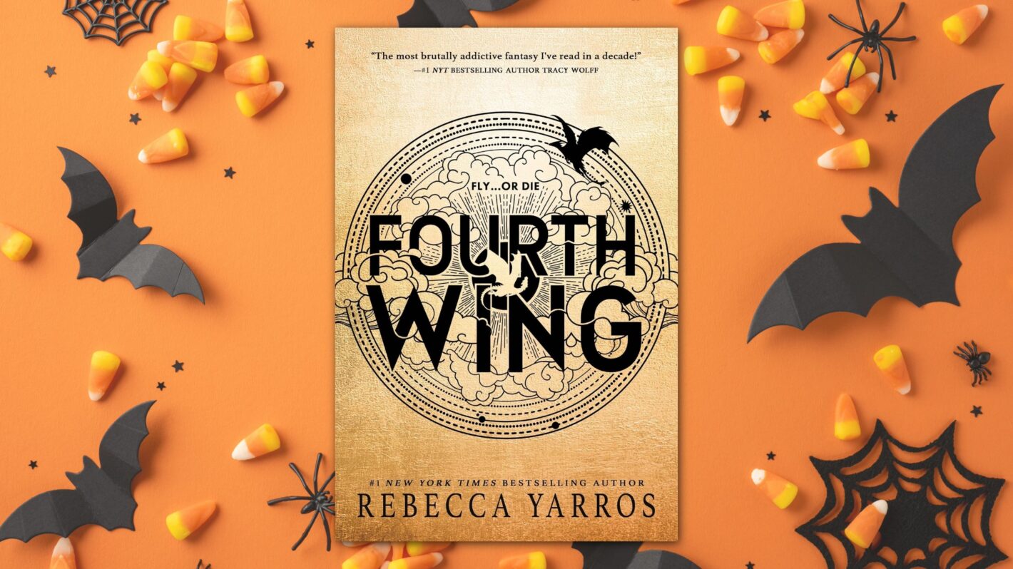'Fourth Wing' novel on Halloween background