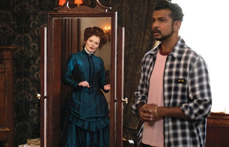 "Halloween The Mirror Part 1" -- Coverage of the CBS Original Series Ghosts, scheduled to air on the CBS Television Network. Pictured (L-R): Rebecca Wisocky as Hetty, Utkarsh Ambudkar as Jay.