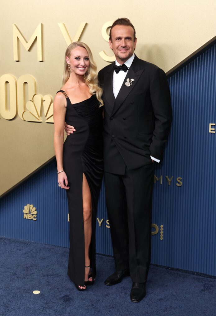 Kayla Radomski and Jason Segel arrive to the 78th Primetime Emmy Awards held at the Peacock Theater on September 14, 2026.